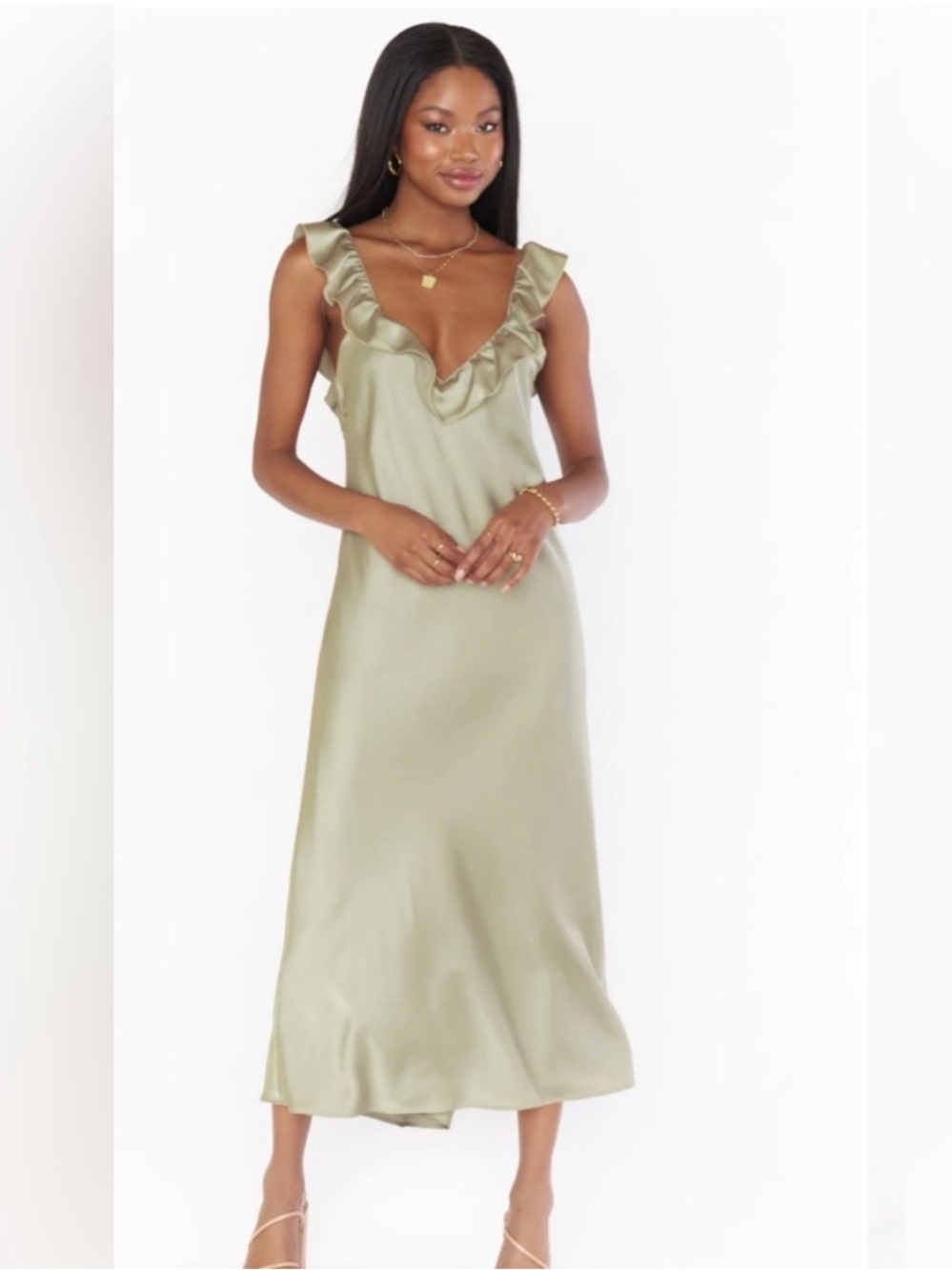 Show Me Your Mumu Serene Slip Dress Moss Green Luxe Satin Ruffle Midi Size XS